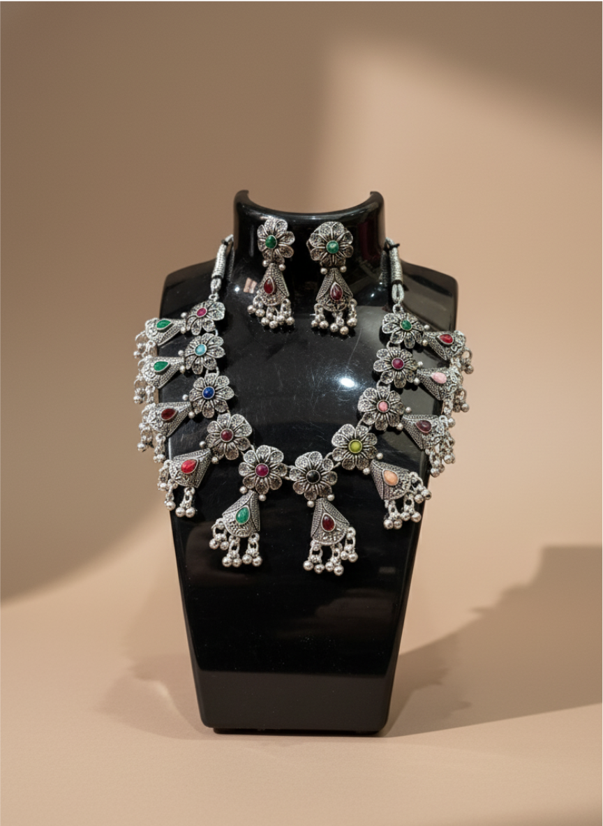 The 'Heirloom Bloom' Oxidized Silver Statement Necklace & Earring Set