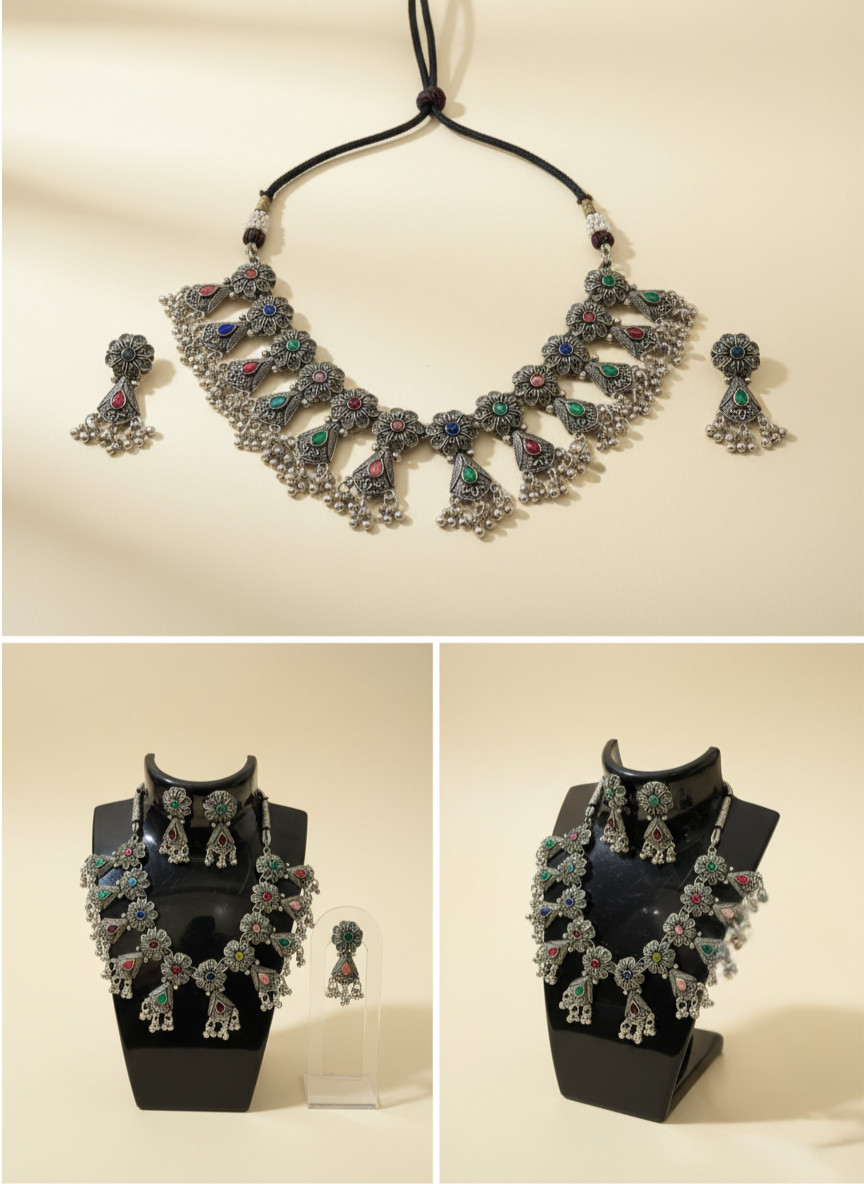 The 'Heirloom Bloom' Oxidized Silver Statement Necklace & Earring Set