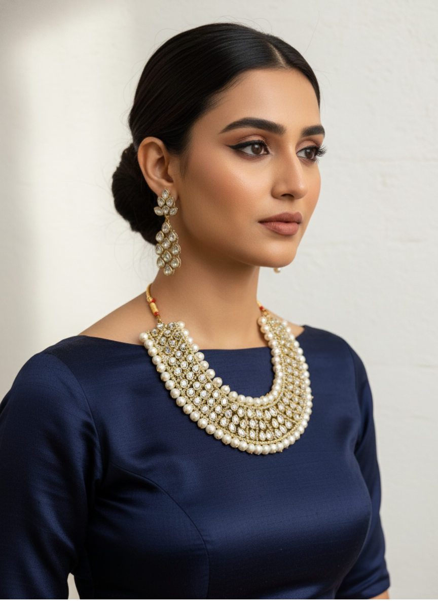 Regal Pearl & Kundan-Style Choker Necklace Set