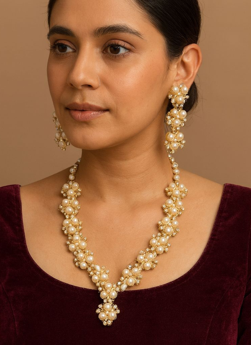 Regal Pearl Cluster Necklace Set with Long Earrings