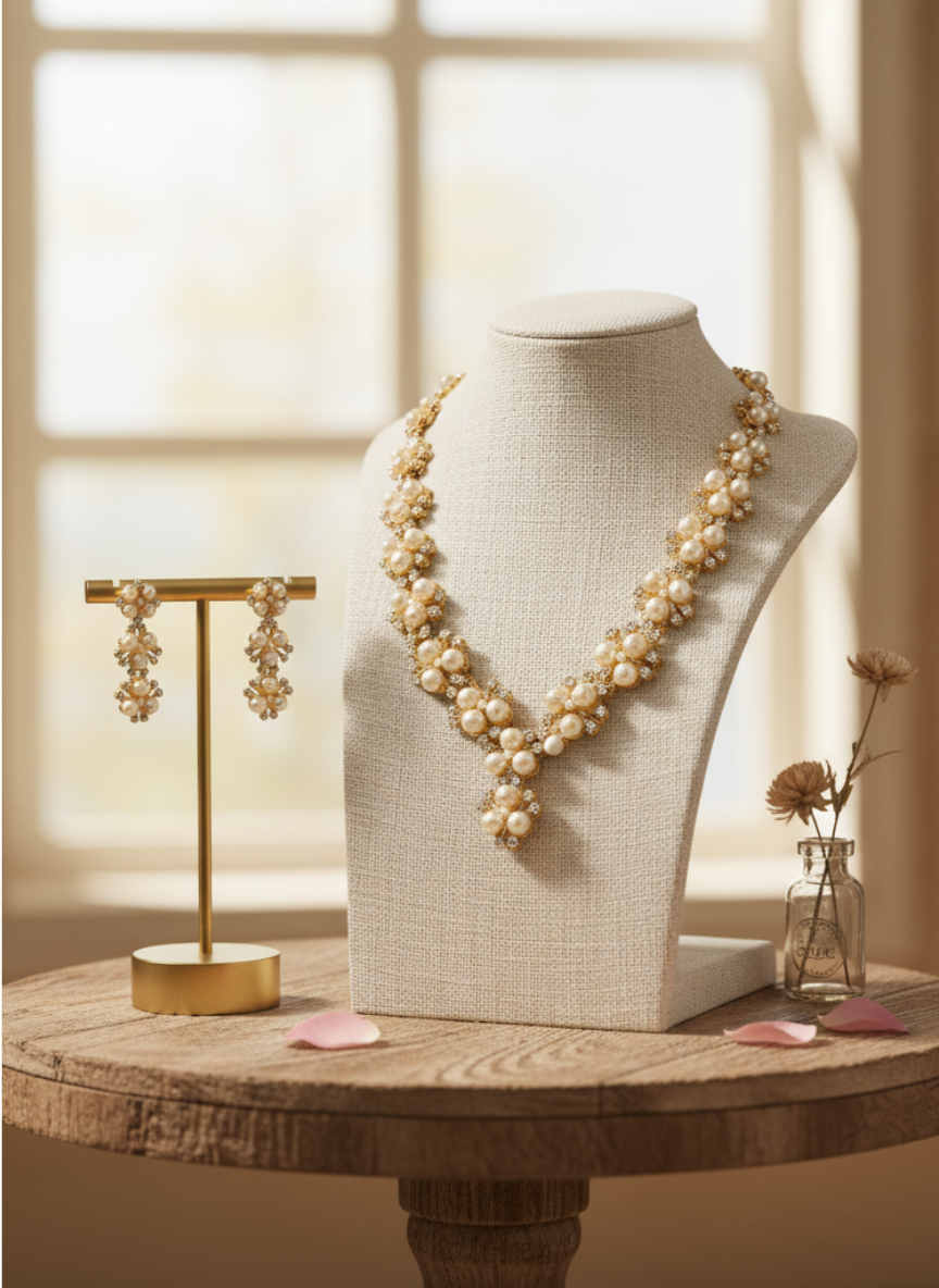 Regal Pearl Cluster Necklace Set with Long Earrings