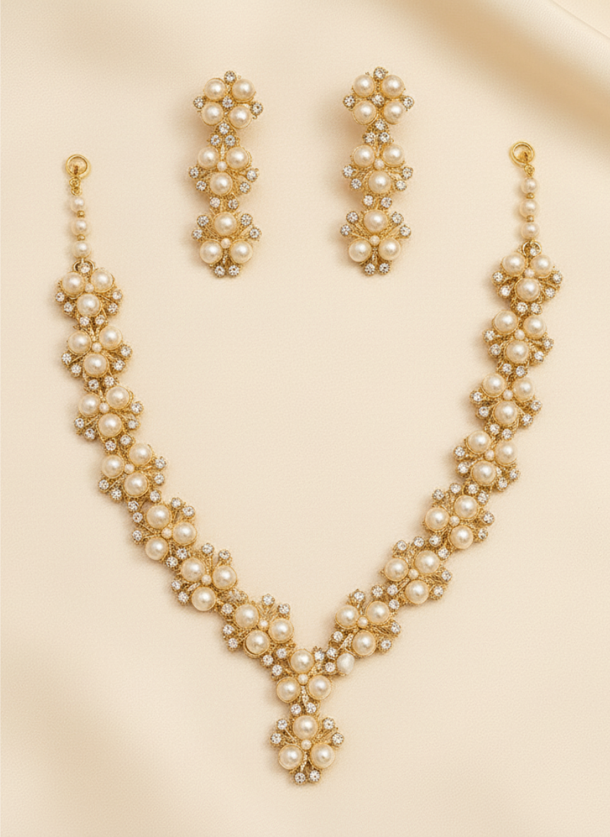 Regal Pearl Cluster Necklace Set with Long Earrings