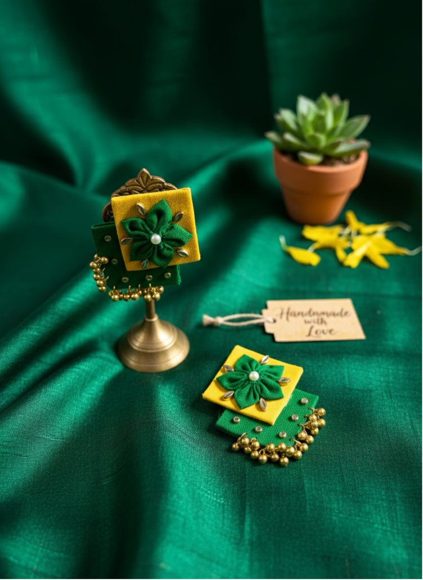 Handcrafted Green & Yellow Fabric Tassel Earrings