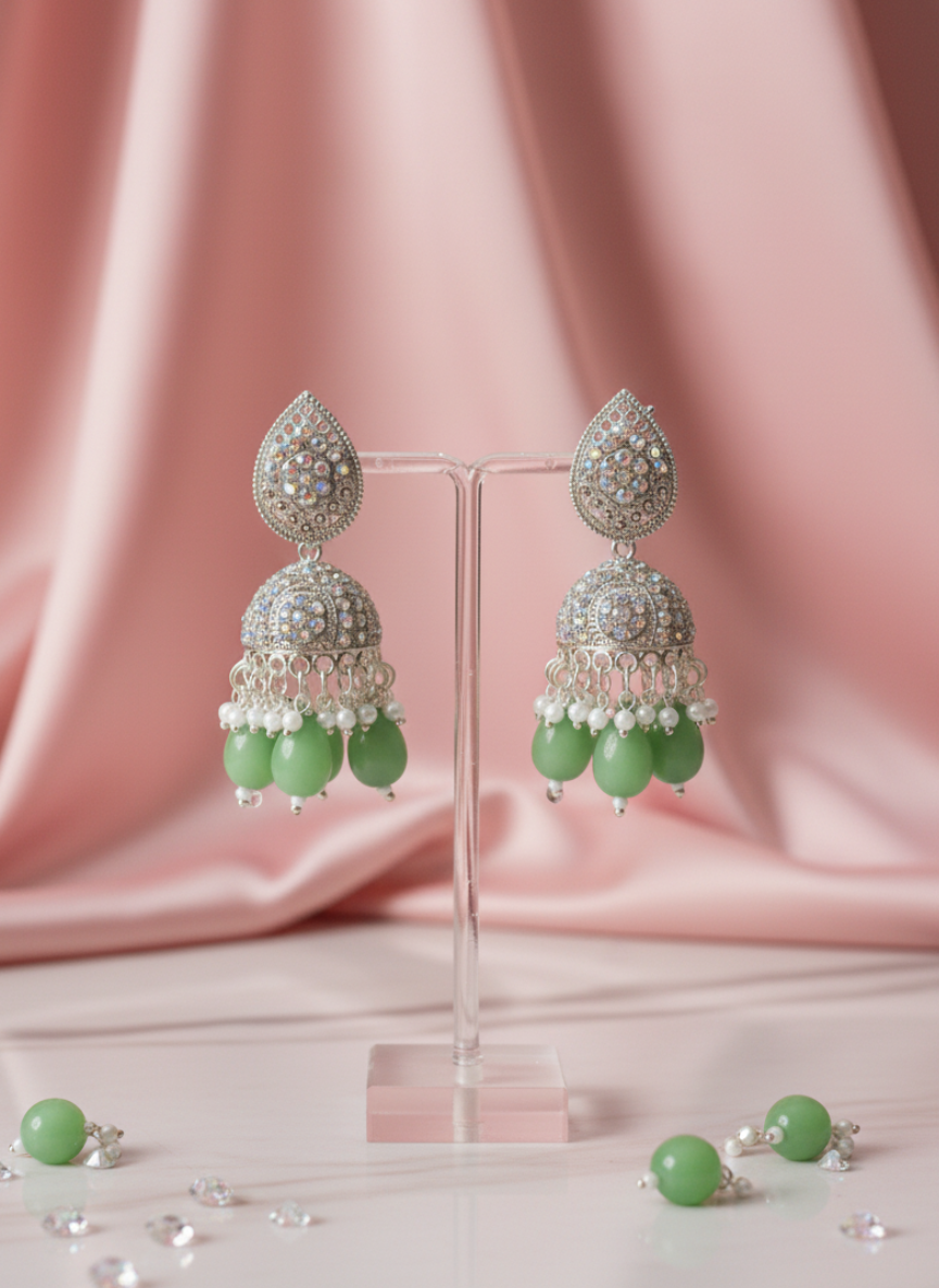 Handcrafted Kundan Jhumka Earrings with Jade Green Drops