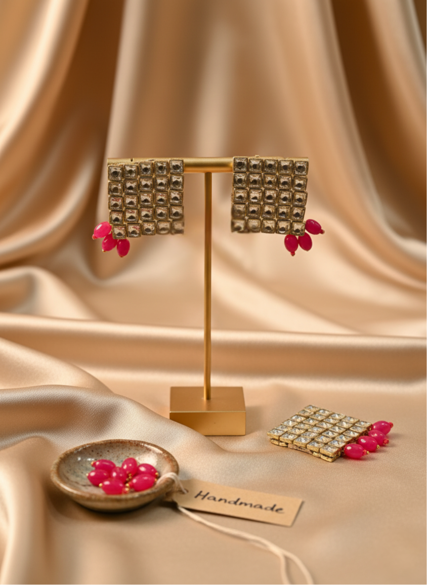 Regal Pink Polki Kundan Earrings with Gold Drop Beads