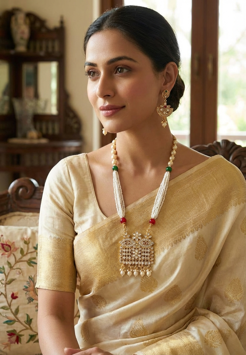 Traditional Pearl Mala Necklace Set with Pendant & Earrings