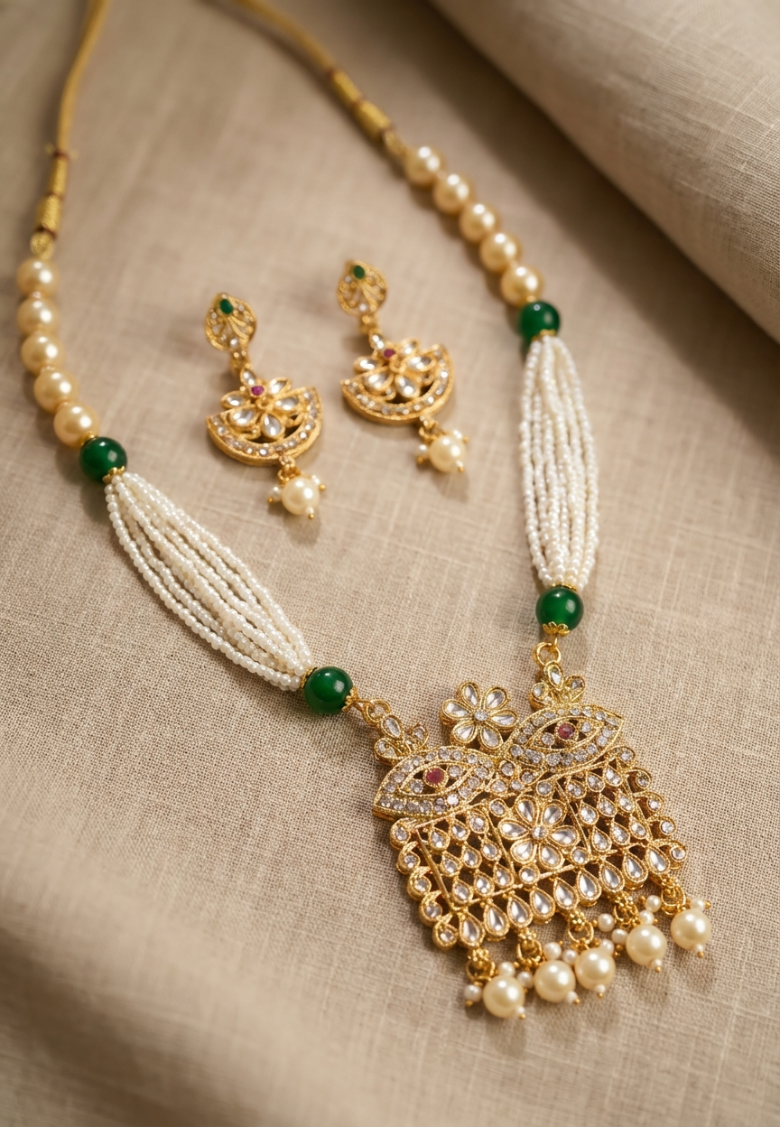 Traditional Pearl Mala Necklace Set with Pendant & Earrings