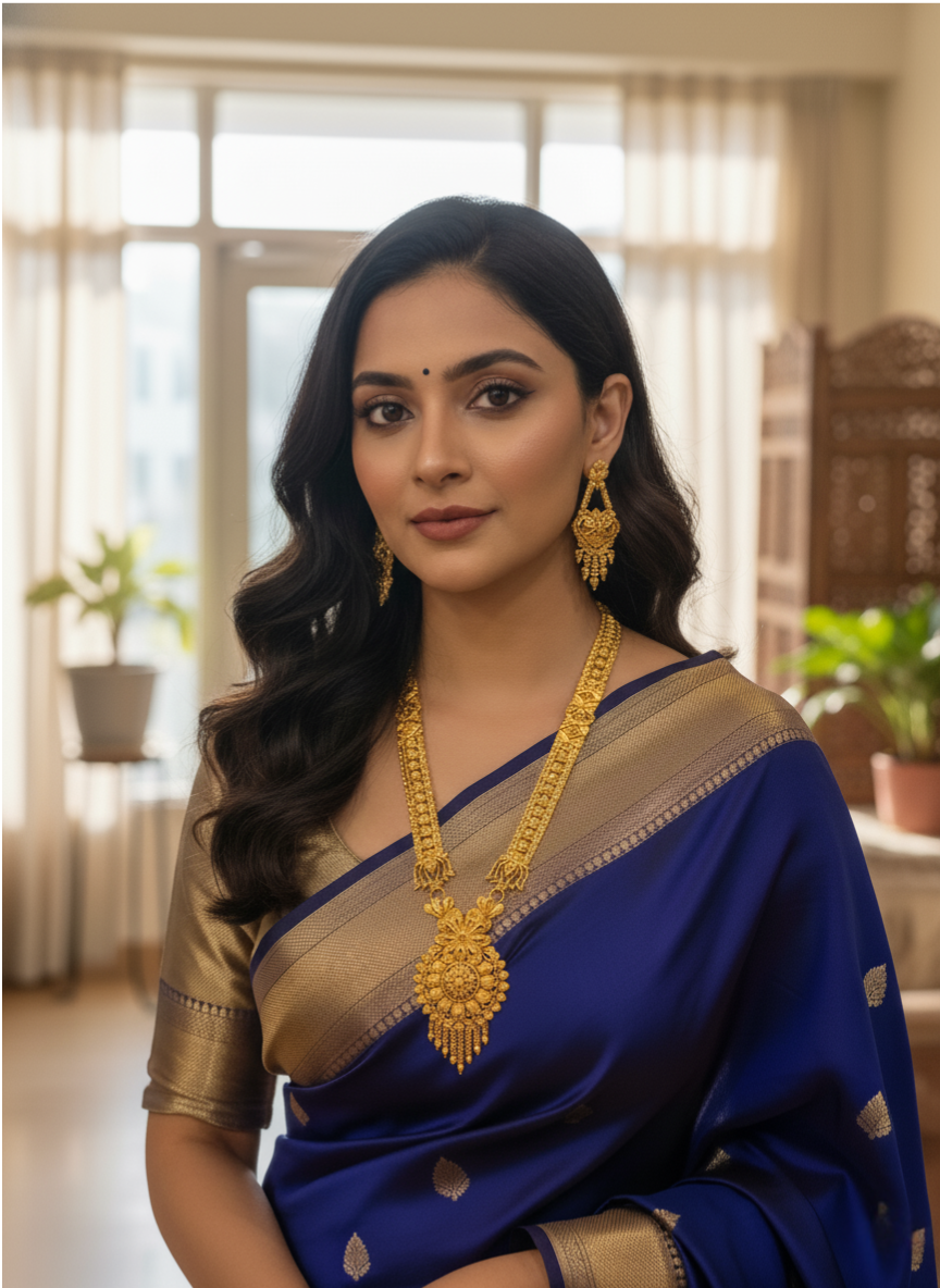 Traditional Gold-Plated Bridal Necklace Set with Long Pendant & Earrings