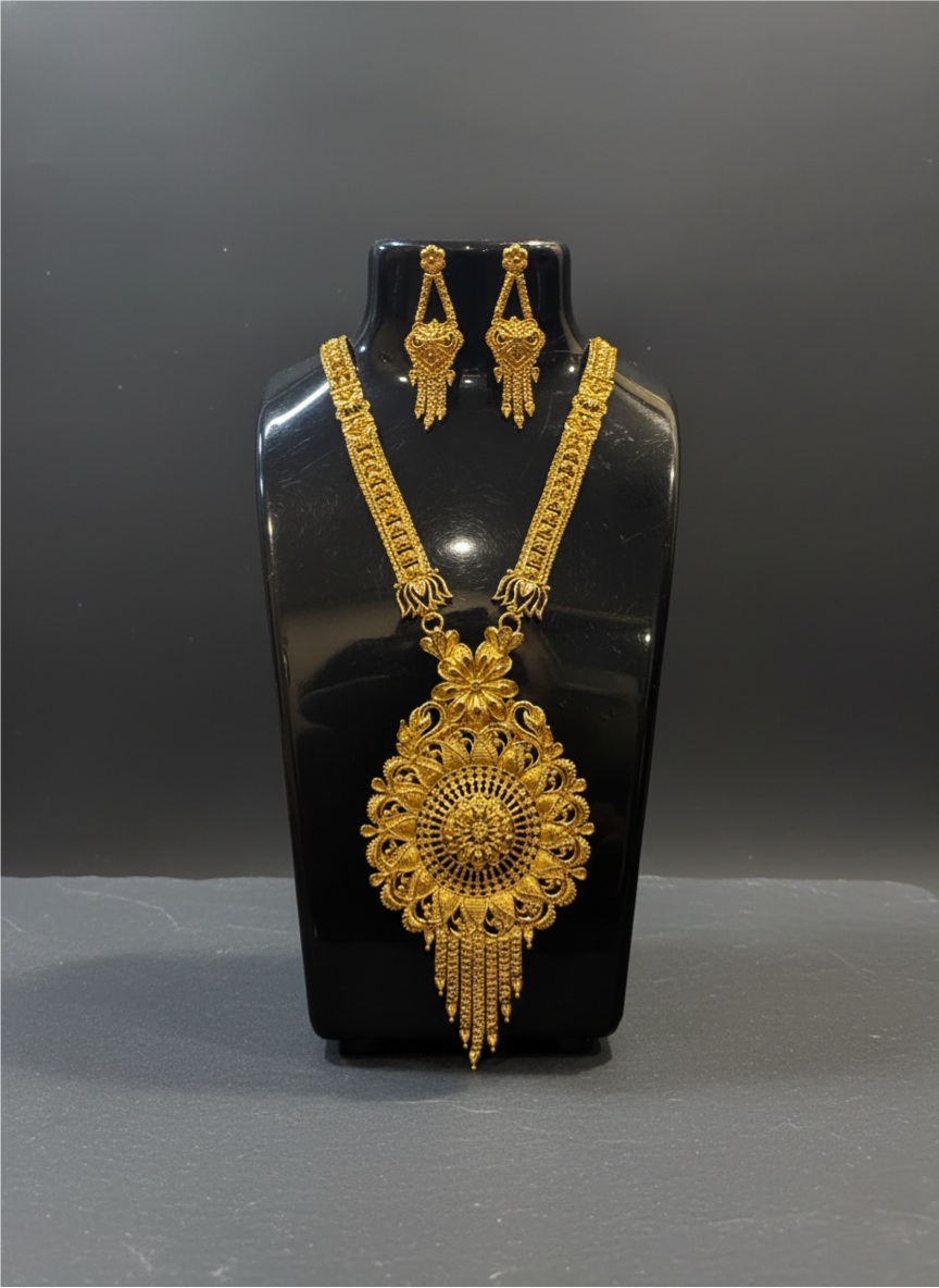 Traditional Gold-Plated Bridal Necklace Set with Long Pendant & Earrings