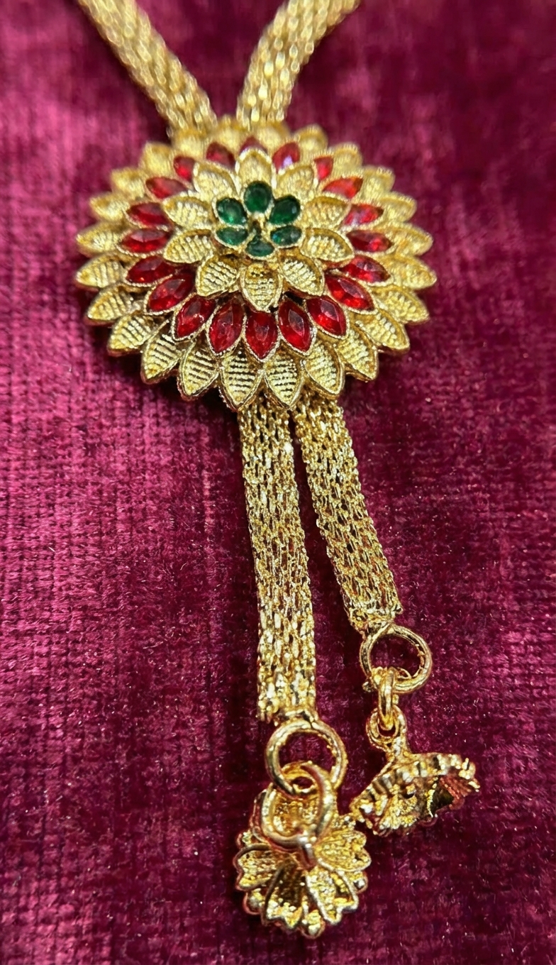 Close up detail of red and green stone floral pendant
