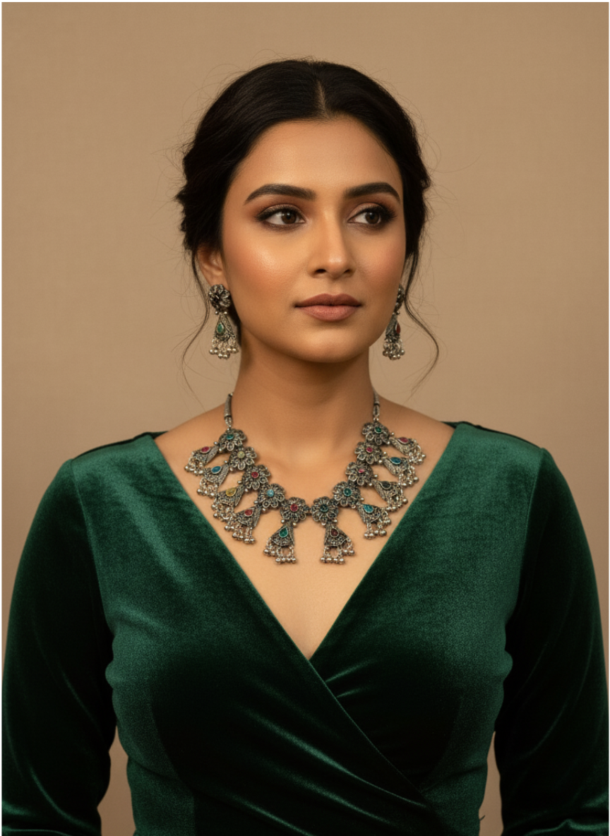 The 'Heirloom Bloom' Oxidized Silver Statement Necklace & Earring Set