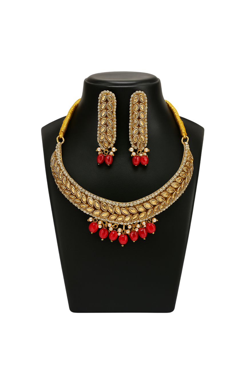 Handcrafted Kundan Necklace Set with Red Beads