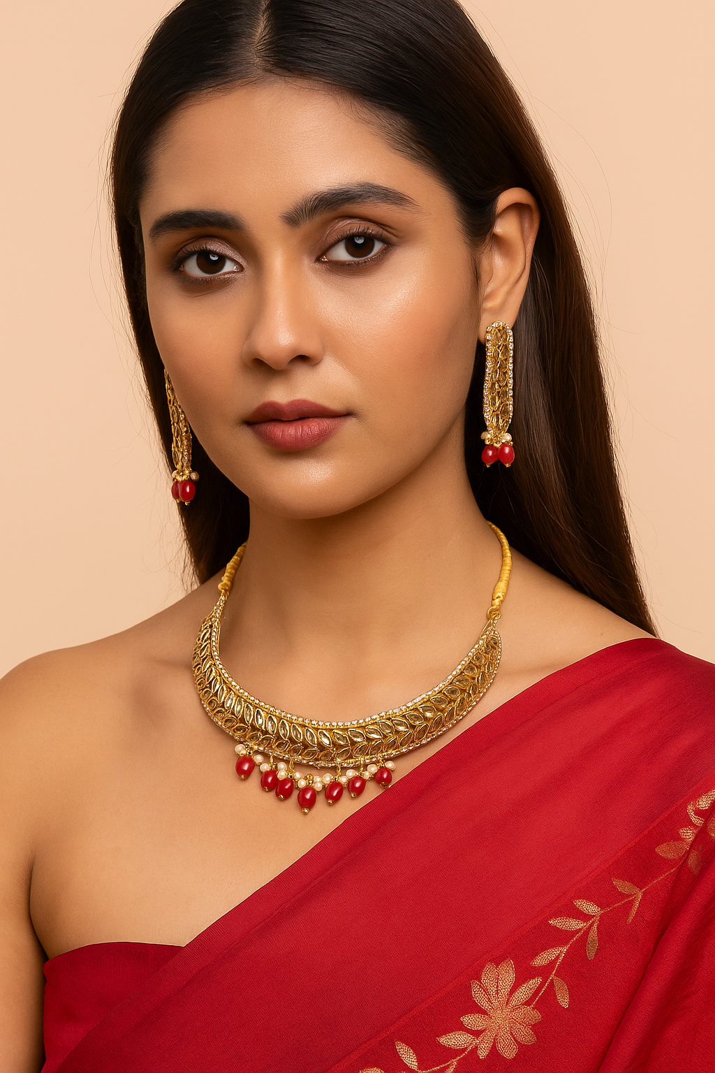 Handcrafted Kundan Necklace Set with Red Beads