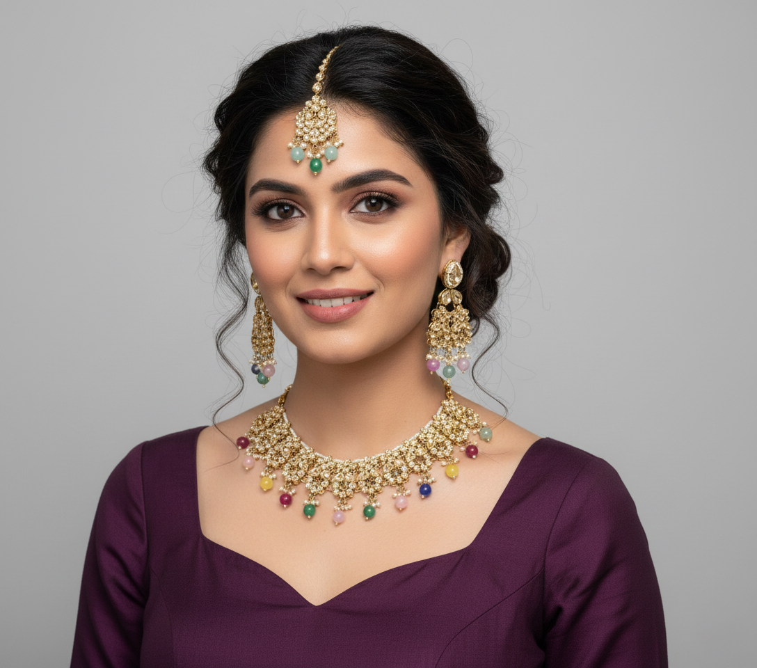 Handcrafted Gold-Tone Multicolor Drop Necklace Set with Maang Tikka