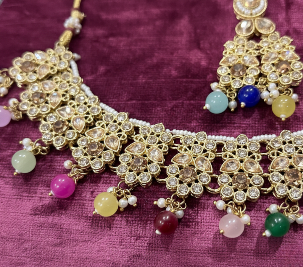 Handcrafted Gold-Tone Multicolor Drop Necklace Set with Maang Tikka
