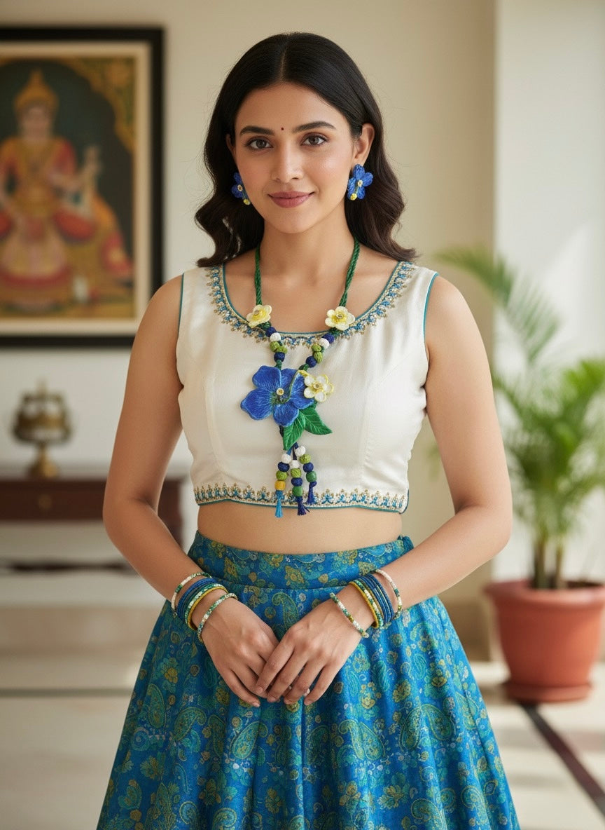 "Forget-Me-Not" Handcrafted Clay Flower Necklace and Earring Set | Artisan Botanical Jewellery