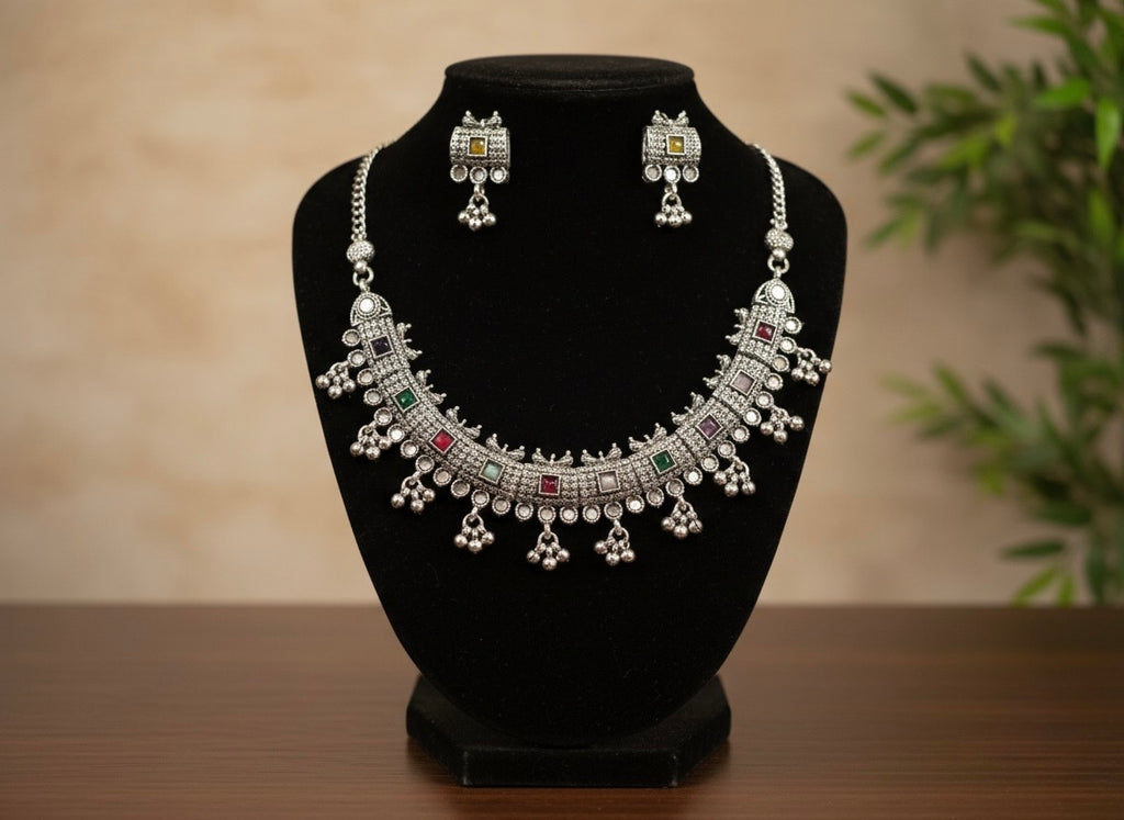 "Rainbow Arc" Oxidized Silver-Look Collar Necklace Set with Square Multi-Color Stones