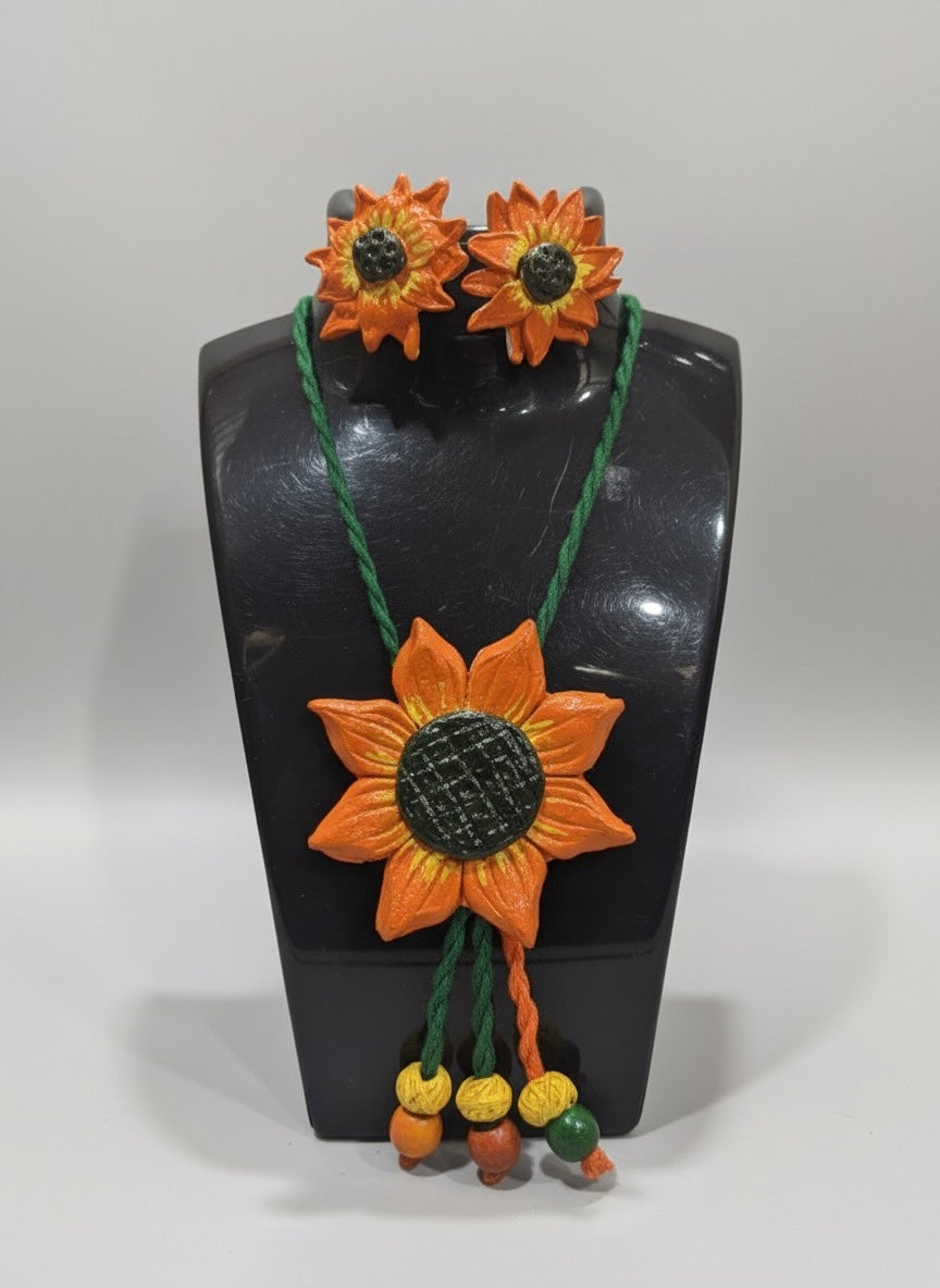 "Golden Glow" Artisan Clay Sunflower Necklace and Earring Set | Cheerful Floral Jewellery