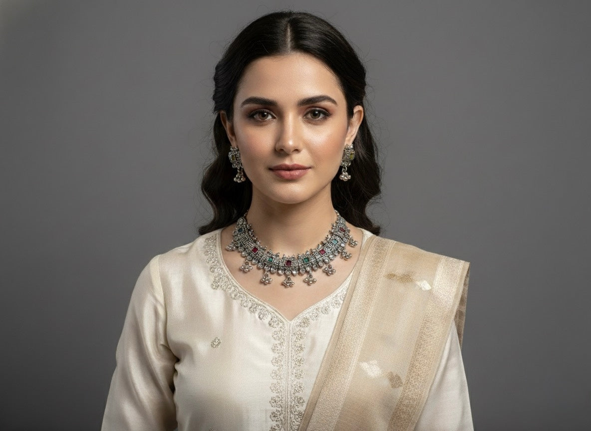 "Rainbow Arc" Oxidized Silver-Look Collar Necklace Set with Square Multi-Color Stones