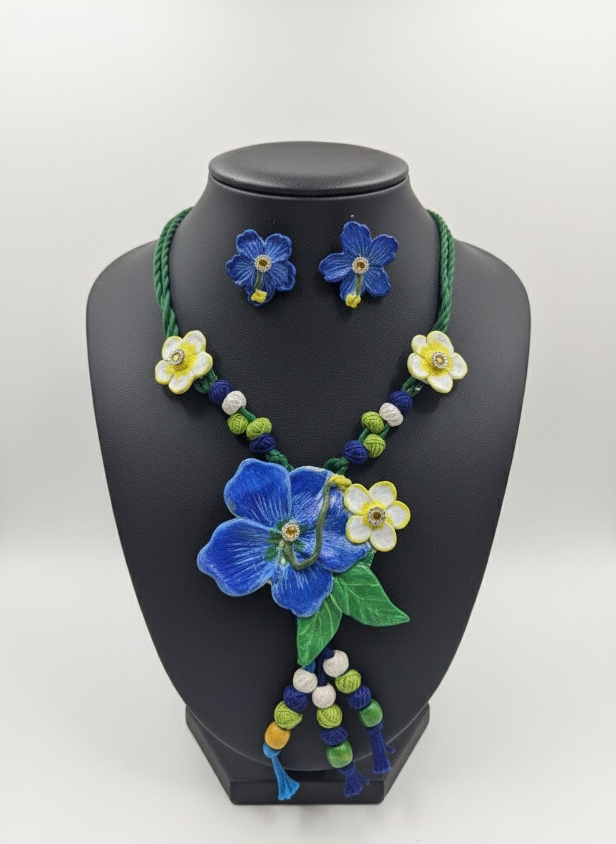 "Forget-Me-Not" Handcrafted Clay Flower Necklace and Earring Set | Artisan Botanical Jewellery
