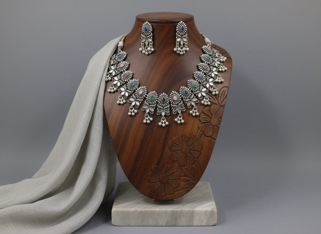 "Vrindavan" Oxidized Silver-Look Necklace and Earring Set with Multi-Colour Stone Accents | Traditional Statement Jewellery