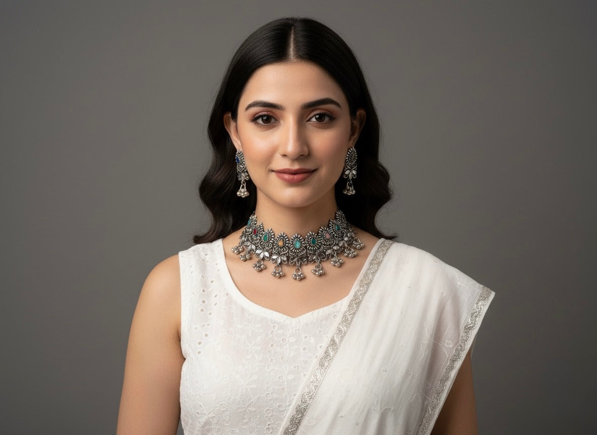 "Vrindavan" Oxidized Silver-Look Necklace and Earring Set with Multi-Colour Stone Accents | Traditional Statement Jewellery