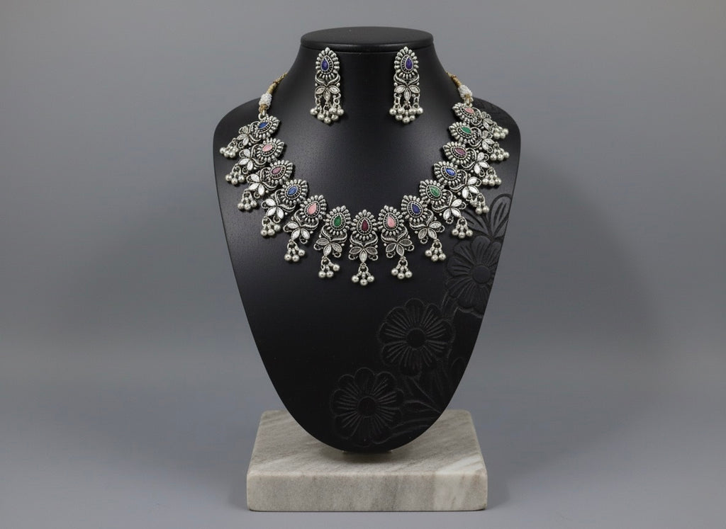 "Vrindavan" Oxidized Silver-Look Necklace and Earring Set with Multi-Colour Stone Accents | Traditional Statement Jewellery