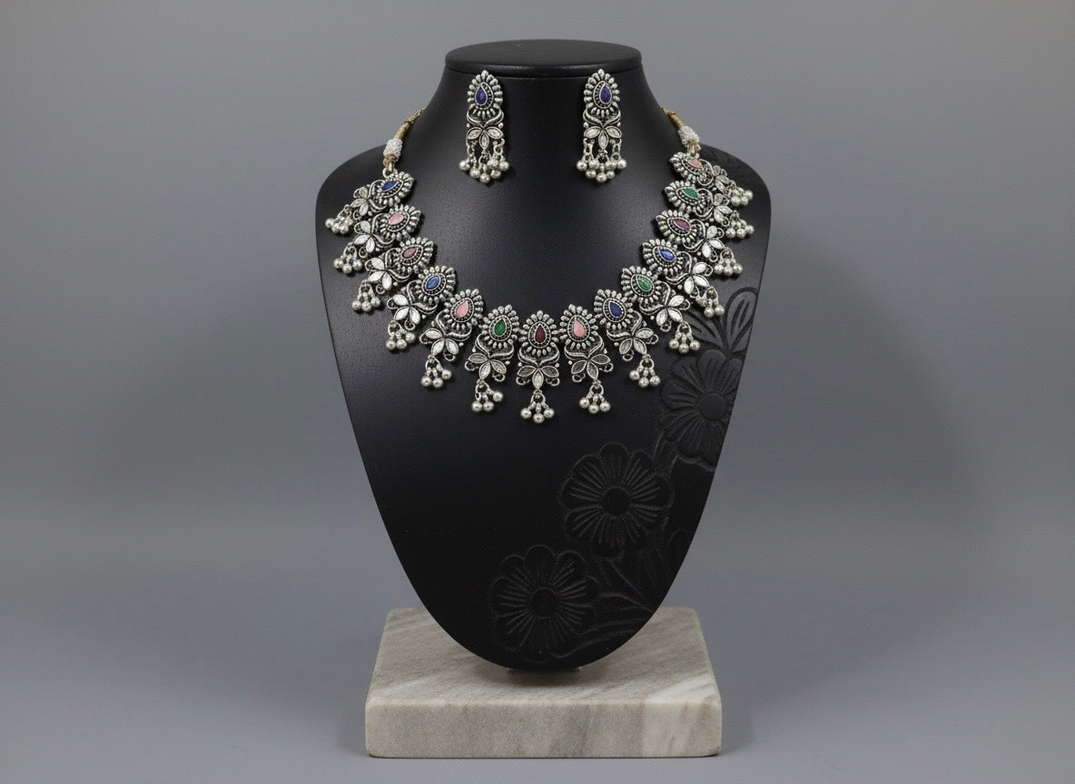 "Vrindavan" Oxidized Silver-Look Necklace and Earring Set with Multi-Colour Stone Accents | Traditional Statement Jewellery