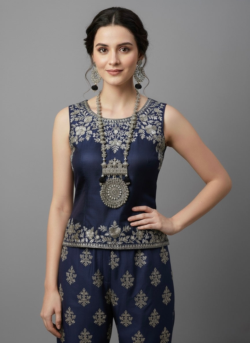 "Maharani" Oxidized Silver-Look Long Necklace & Earring Set | Premium Temple Jewellery