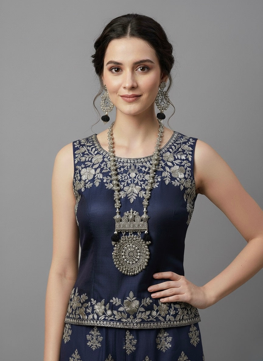 "Maharani" Oxidized Silver-Look Long Necklace & Earring Set | Premium Temple Jewellery
