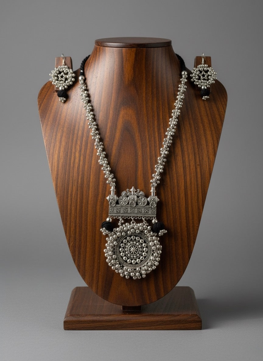 "Maharani" Oxidized Silver-Look Long Necklace & Earring Set | Premium Temple Jewellery