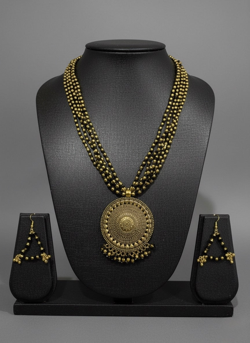 "Heritage Grandeur" Premium Gold-Tone Multi-Layered Bead Necklace & Medallion Set | Statement Mangalsutra Style