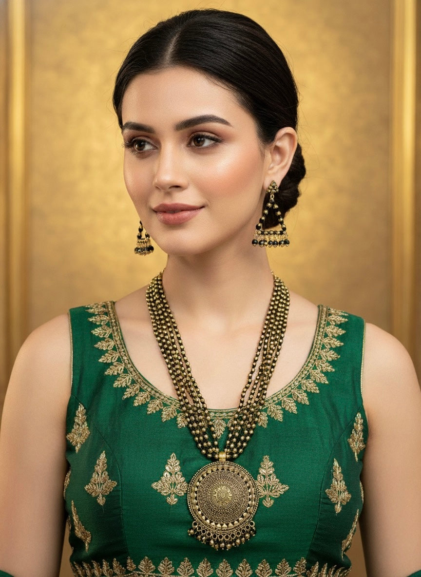 "Heritage Grandeur" Premium Gold-Tone Multi-Layered Bead Necklace & Medallion Set | Statement Mangalsutra Style