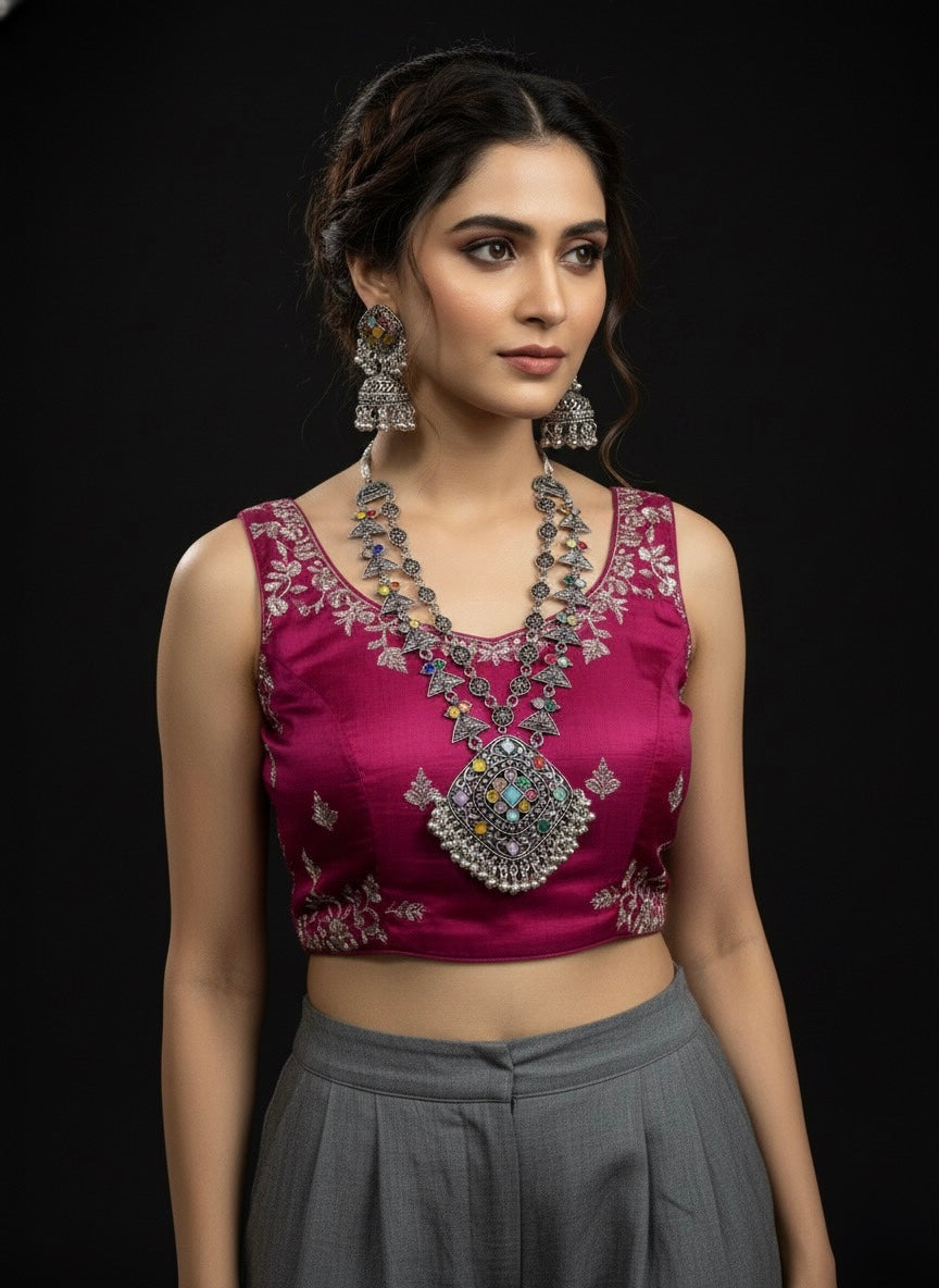 "Tribal Kaleidoscope" Premium Oxidized Silver-Look Long Necklace & Jhumka Set | Multi-Stone Geometric Design