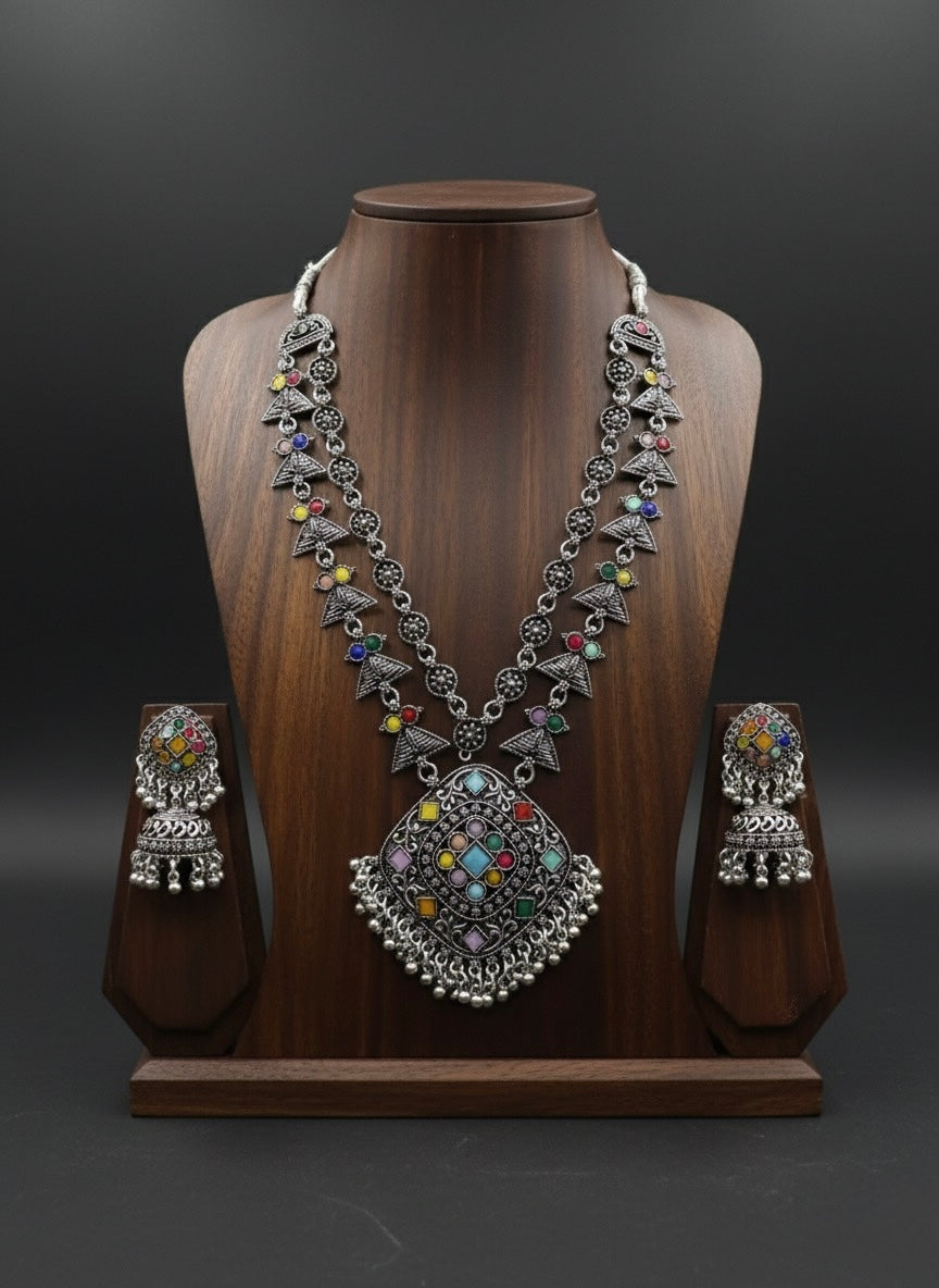 "Tribal Kaleidoscope" Premium Oxidized Silver-Look Long Necklace & Jhumka Set | Multi-Stone Geometric Design