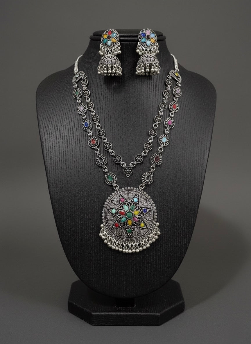 Jewel Mandala" Super Premium Oxidized Silver-Look Layered Necklace & Jhumka Set | Multi-Stone Statement