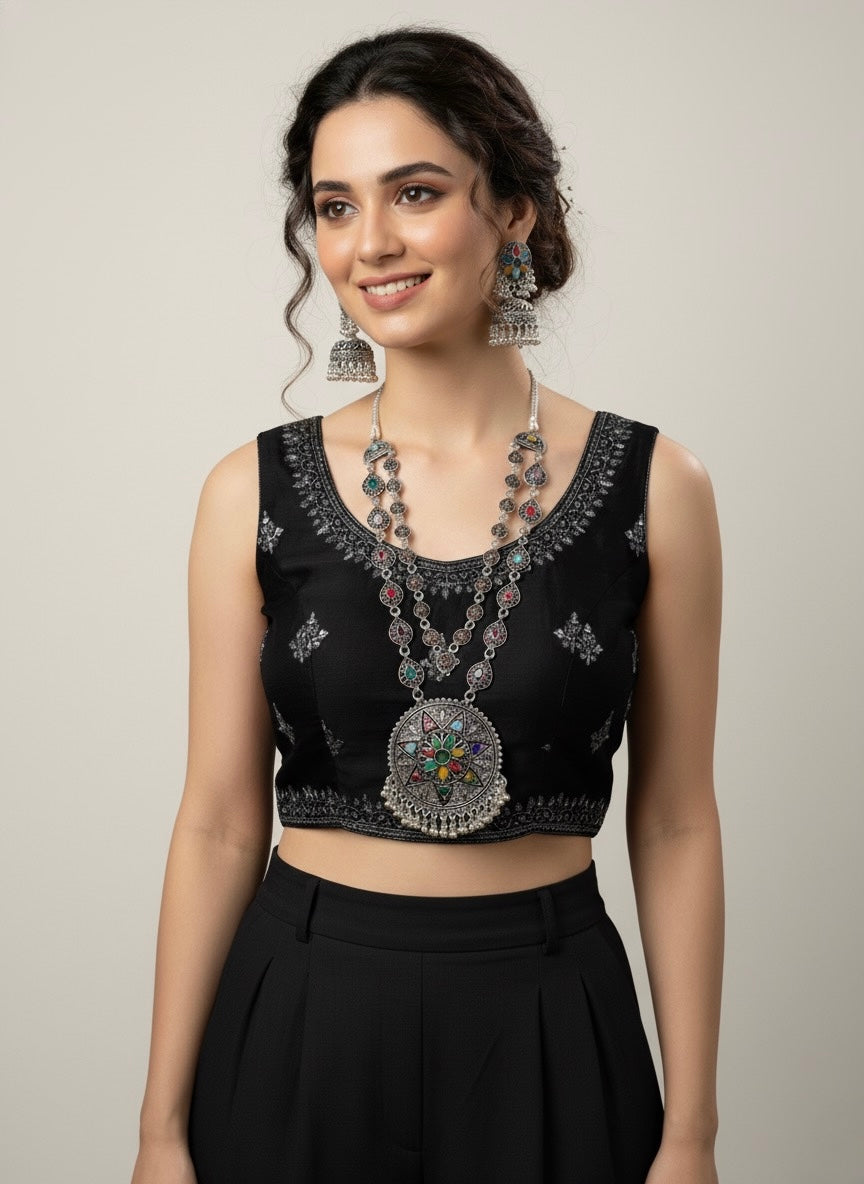 Jewel Mandala" Super Premium Oxidized Silver-Look Layered Necklace & Jhumka Set | Multi-Stone Statement