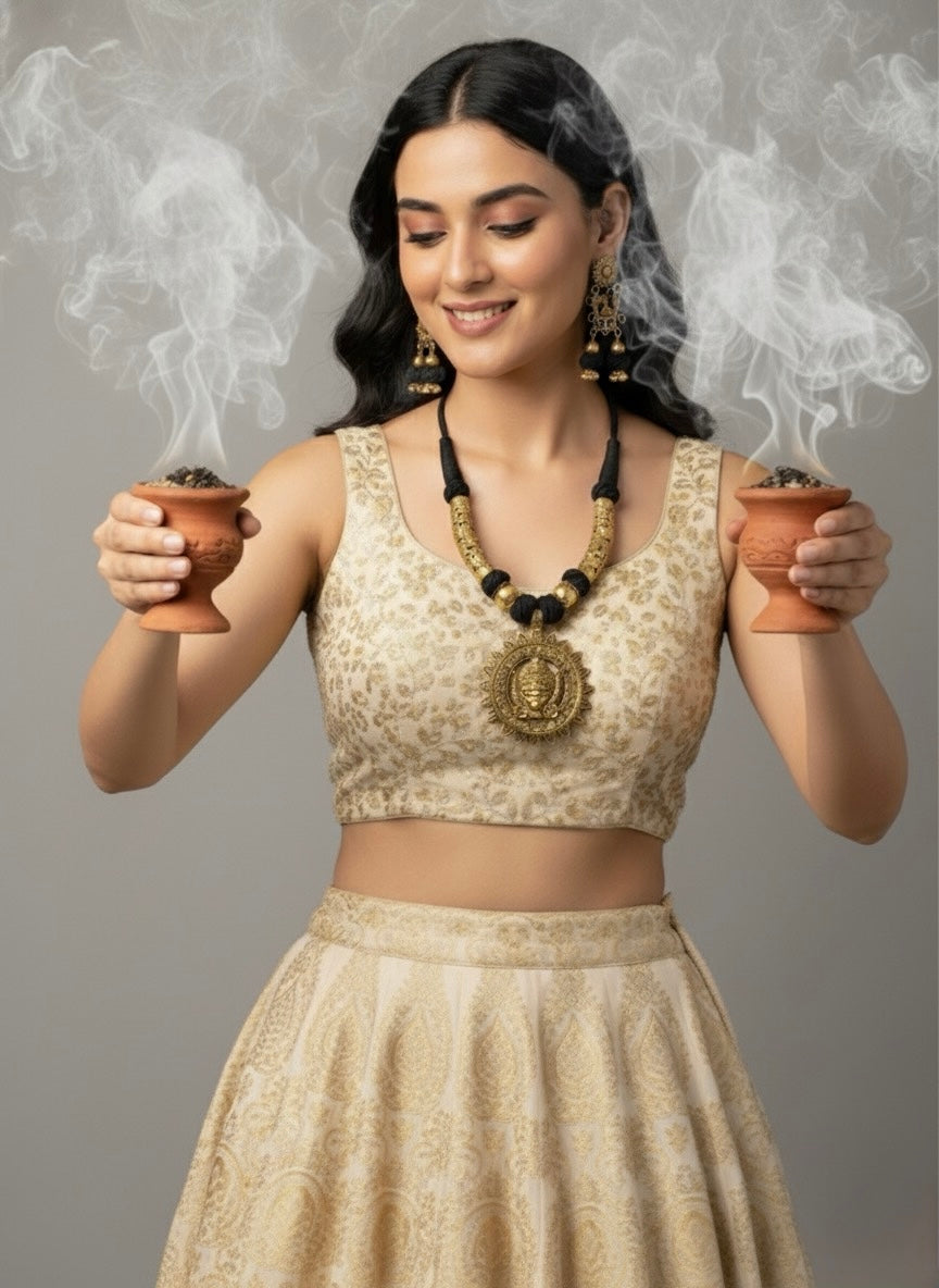 Shakti's Radiance: Handcrafted Durga-Themed Bengali Necklace Set.