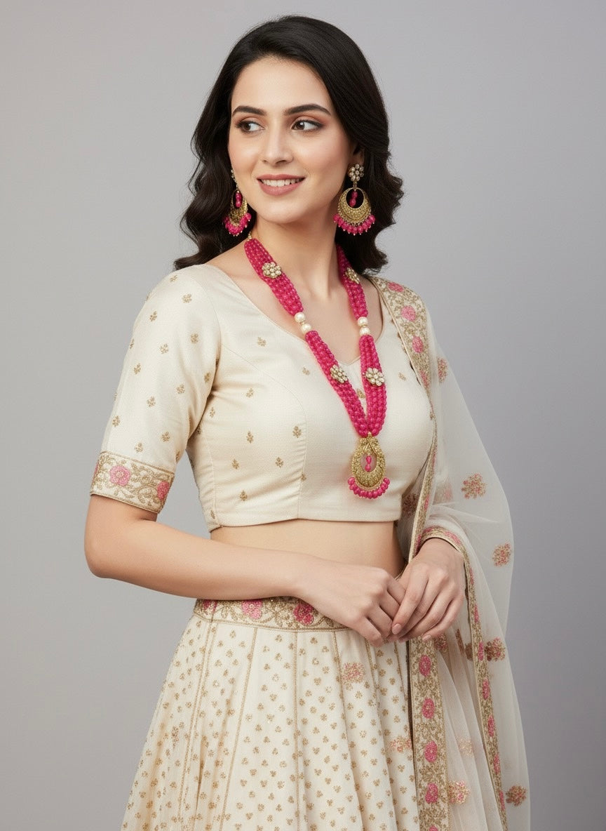 Fuchsia Beaded Layered Necklace Set with Gold Pendant & Earrings