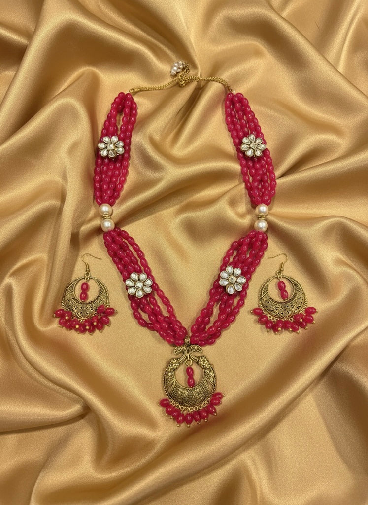 Fuchsia Beaded Layered Necklace Set with Gold Pendant & Earrings
