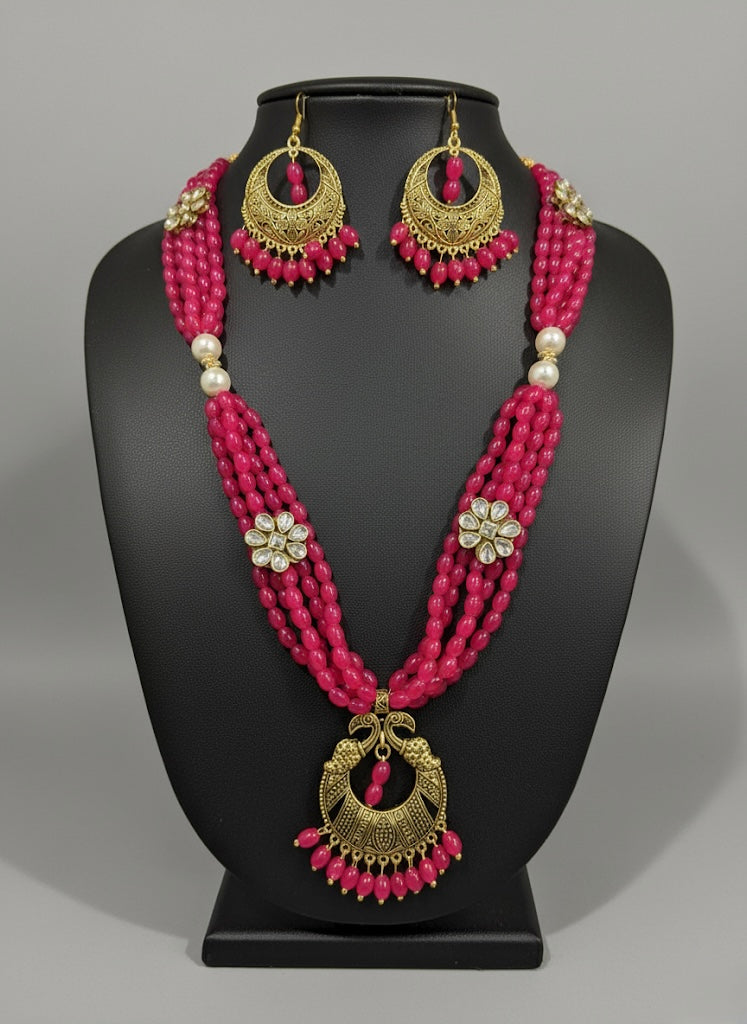 Fuchsia Beaded Layered Necklace Set with Gold Pendant & Earrings