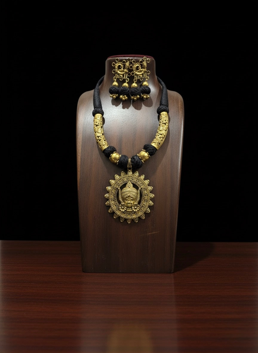 Shakti's Radiance: Handcrafted Durga-Themed Bengali Necklace Set.