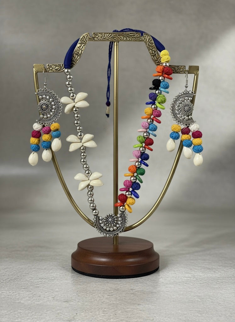 Rangoli Cowrie Shell & Oxidized Statement Set