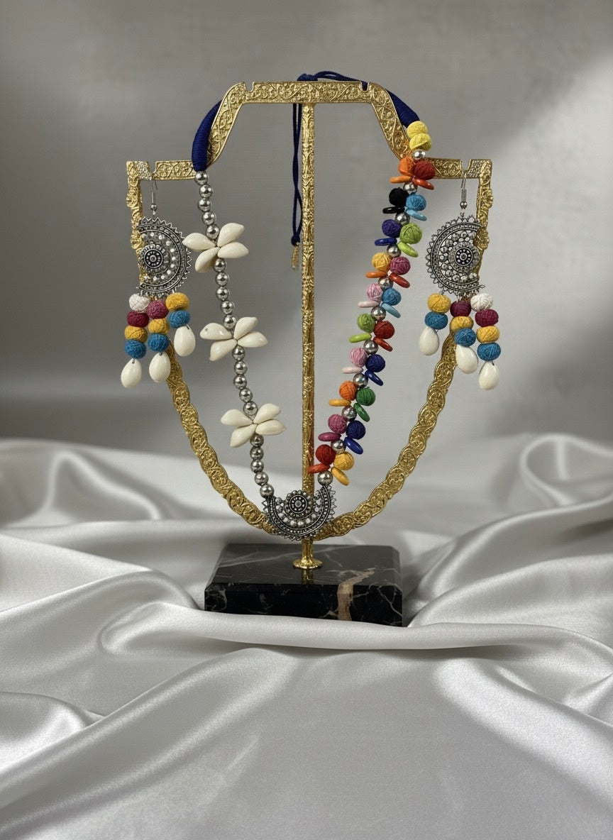 Rangoli Cowrie Shell & Oxidized Statement Set