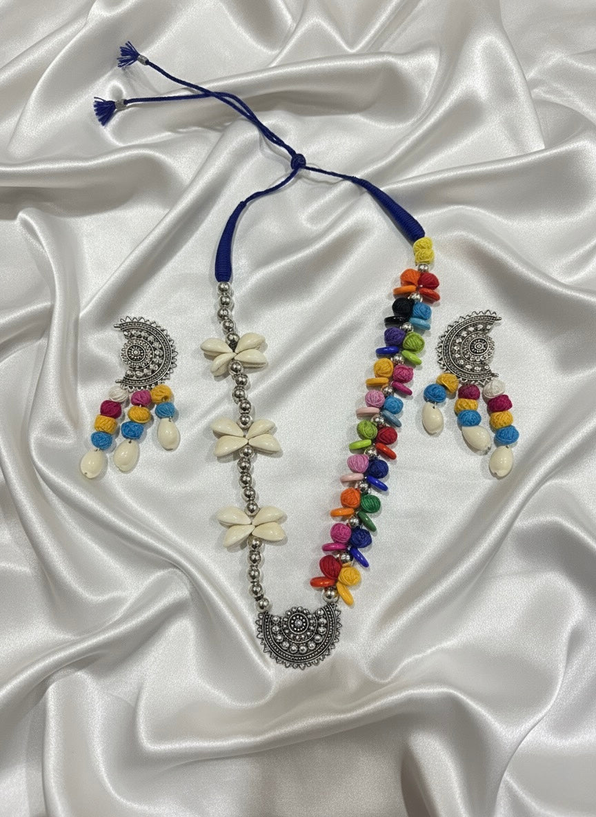 Rangoli Cowrie Shell & Oxidized Statement Set