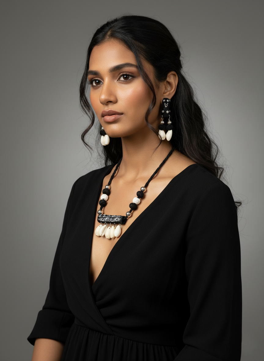 Tribal Black & White Cowrie Shell Necklace and Earring Set