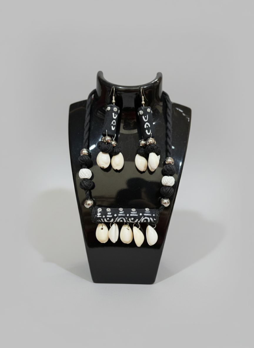 Tribal Black & White Cowrie Shell Necklace and Earring Set