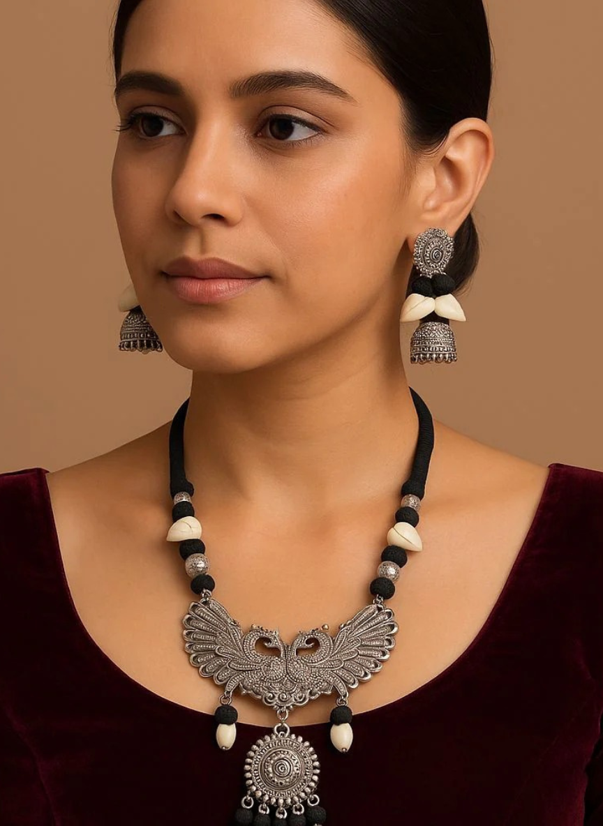 Oxidized Silver Peacock Necklace Set with Jhumka Earrings