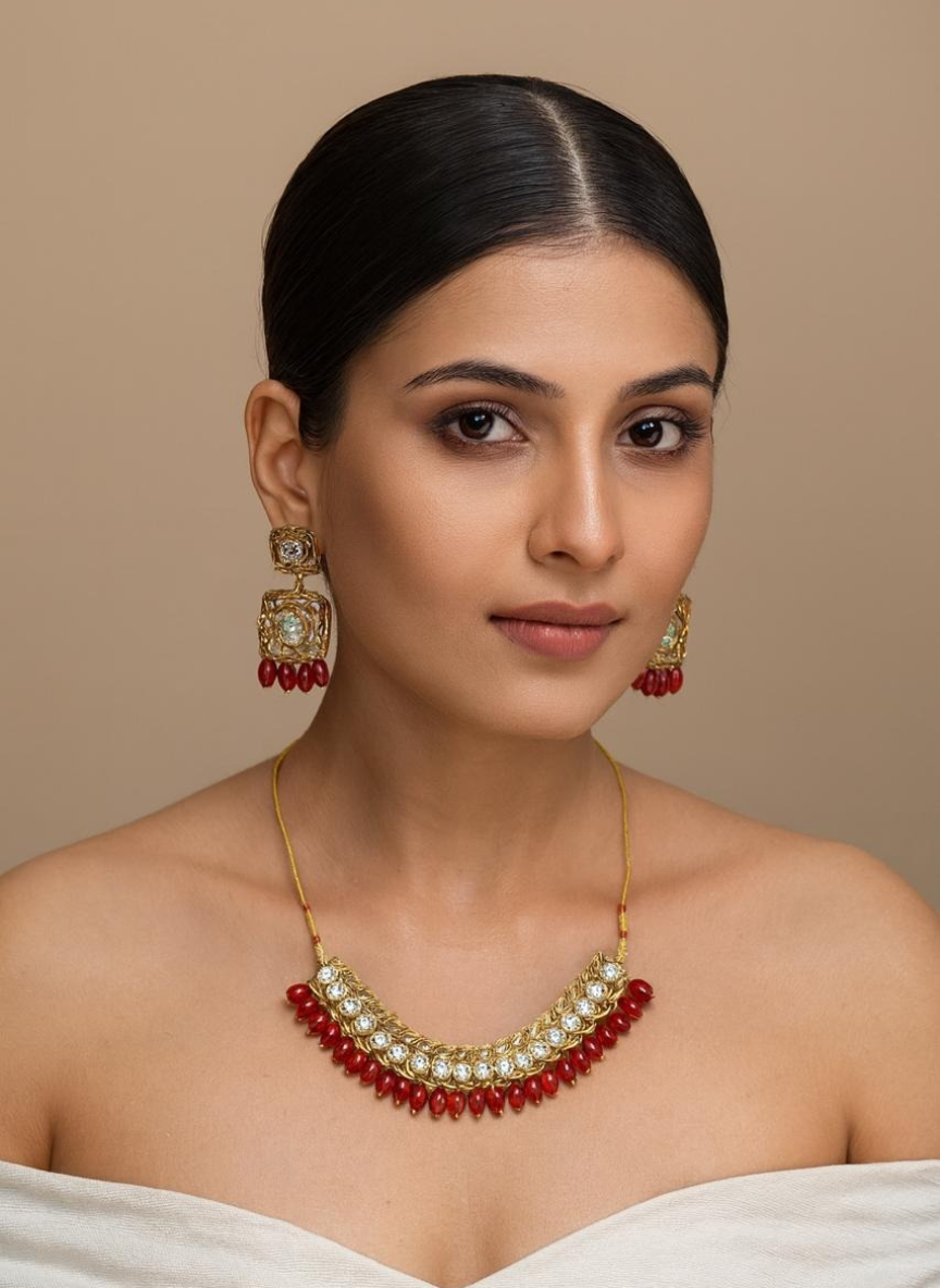 Red & Gold Kundan Necklace Set with Statement Earrings