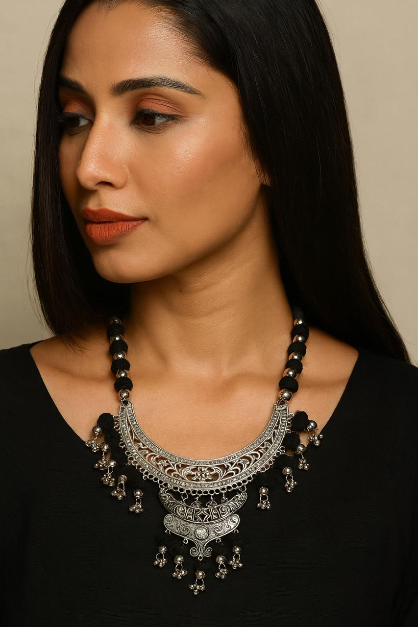 Handcrafted Oxidized Silver Statement Necklace with Black Beads